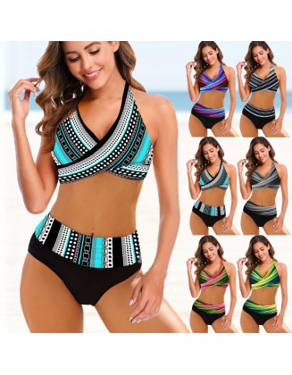 Europäische und amerikanische Damen Split Bikini Gestreifte Tie-dye Hollow Bikini Badeanzug