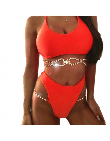 Damen Strass Badeanzug Solid Color Metallkette Badeanzug