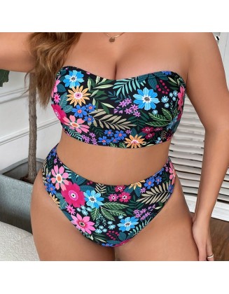 Bedruckter Bikini-Badeanzug in Übergröße mit geteiltem Oberteil