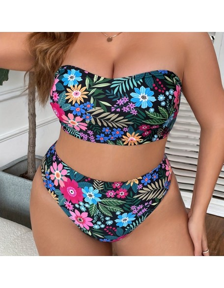Bedruckter Bikini-Badeanzug in Übergröße mit geteiltem Oberteil